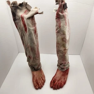 Halloween Props-Latex Bloody Foot on Severed Leg at Knee in Frayed Pant Leg (x2) - Picture 1 of 24