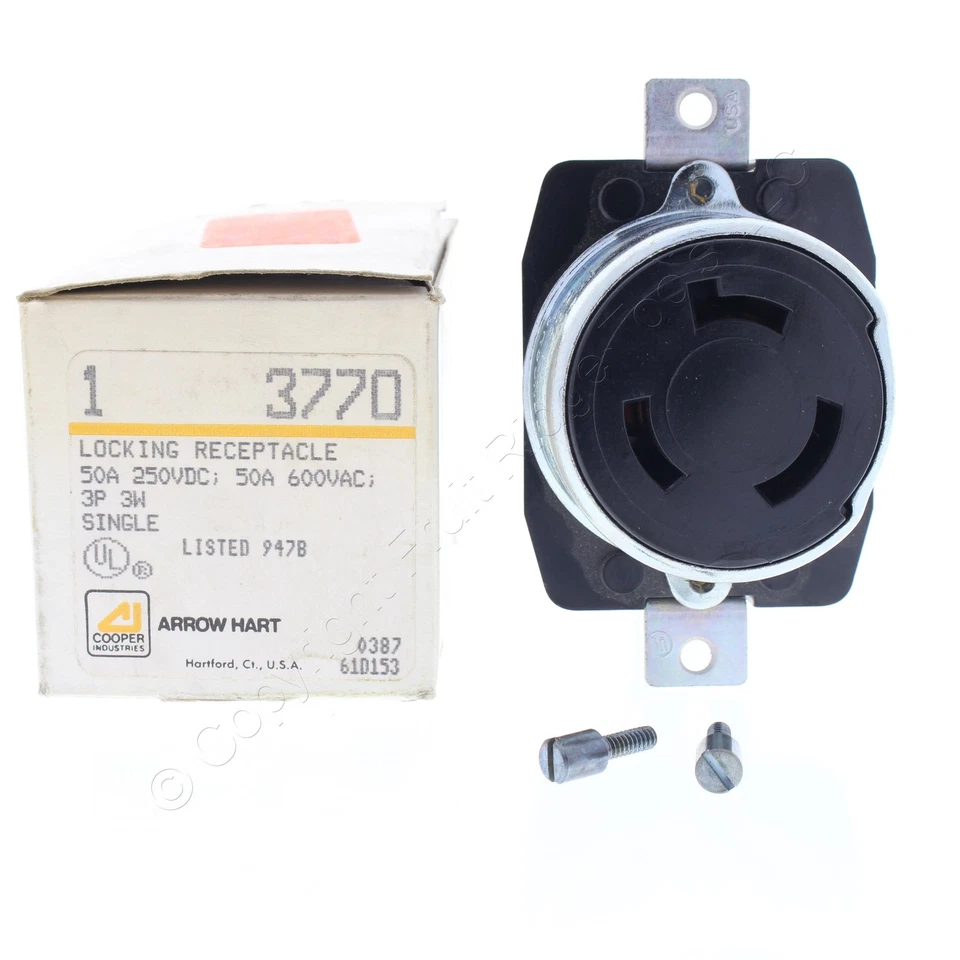 Arrow Hart Non-NEMA Locking Receptacle Turn Lock Outlet 50A 250VDC 600VAC 3770 - Image 1 of 4
