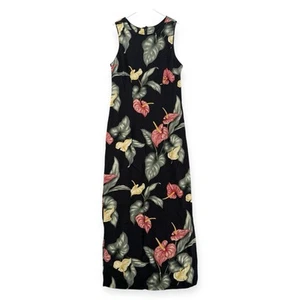 Vintage Iolani Hawaiian Dress Womens Petite Floral Sleeveless Maxi Black USA - Picture 1 of 8