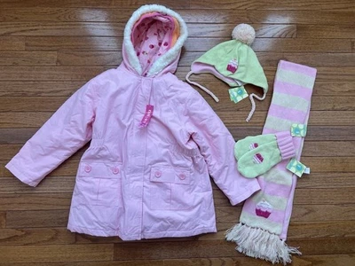 Gymboree Pink & Green Cupcake Lined Hooded Coat Mittens Hat Scarf Girls 7 NWT - Image 1 of 4