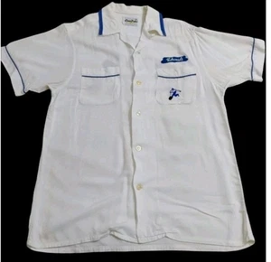 Vintage Crown Prince Bowling Shirt Men's Medium 60s White And Blue Embroidered  - Picture 1 of 14