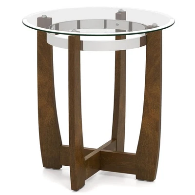 24" Round Side Table Glass End Table with Tempered Glass Top Cross  Walnut - Image 1 of 4