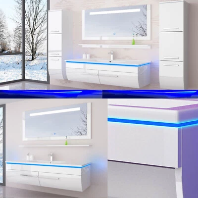 Badmöbel Set Weiß Hochglanz badmöbel Badezimmermöbel 120 cm Bad Led Tocuh  6 Tlg - Bild 1 von 4