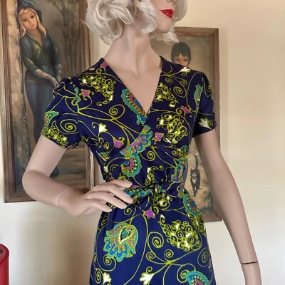 Vintage Anos 70 Mod Havaiano Barkcloth Vestido Envoltório Top Midi Dayglow Estampa Tiki P/M - Imagem 1 de 4