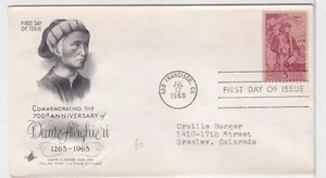 TurtlesTradingPost- Dante Alighieri #1268- 1965- FDC Artcraft Cachet - Picture 1 of 1