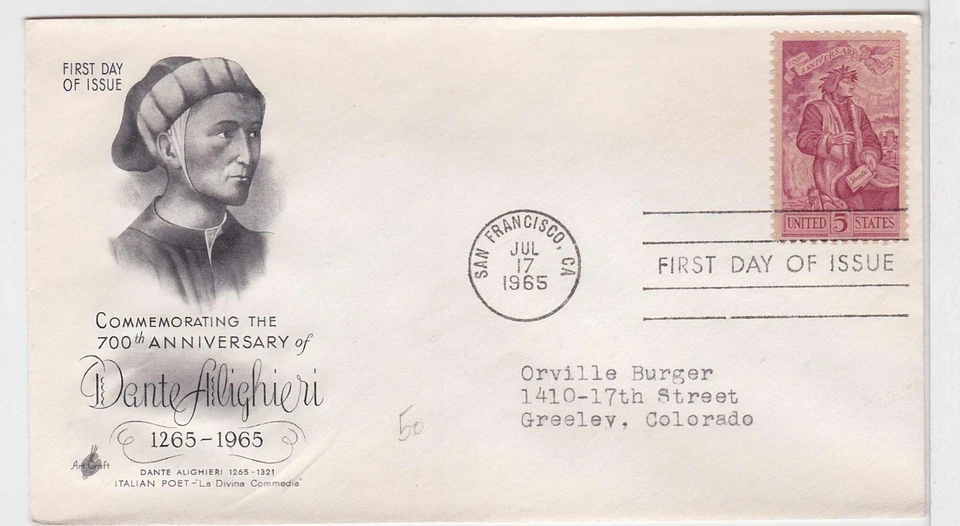 TurtlesTradingPost- Dante Alighieri #1268- 1965- FDC Artcraft Cachet - Image 1 of 1