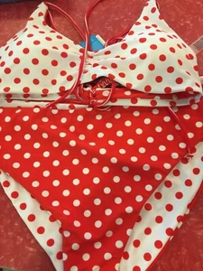 Kaehony Coco 2 Piece Bathing Suit Sz Med Reversible Red & White Polka Dot Bikini - Picture 1 of 9