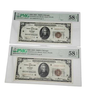 Rare Pair Chicago $20 National Currency Bank Note PMG 58 EPQ CONSECUTIVE SERIALs - Image 1 of 2