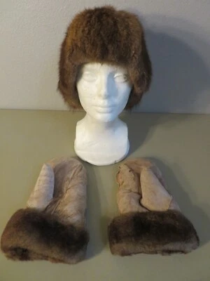 Винтажные аляскинские эскимосские меховые замшевые кожаные варежки и шляпа мужские женские унисекс размер L - Изображение 1 из 4