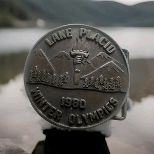 Vintage Winter Olympics Belt Buckle 1980 Lake Placid  Round - Picture 1 of 3