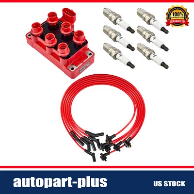 For 1994-2000 Ford Mustang 3.8L V6 FD488 Ignition Coil & 6 Spark Plugs & 6 Wires - Image 1 of 4