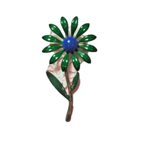 Vtg Green & Blue Stemmed Flower Enamel Brooch Mid Century Groovy Retro Pin - Picture 1 of 3