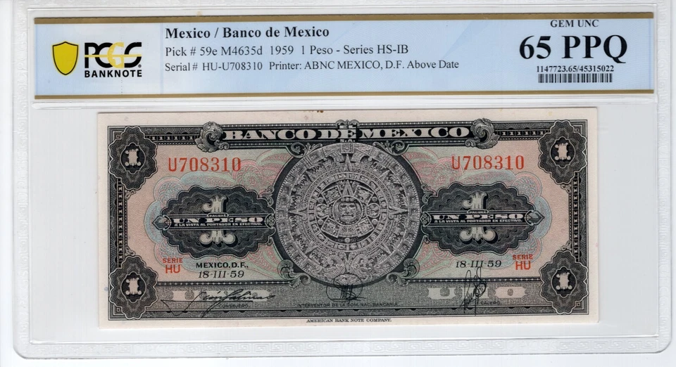 Mexico 1959 1 Peso PCGS Banknote UNC Gem 65 PPQ Pick 59e - Image 1 of 2
