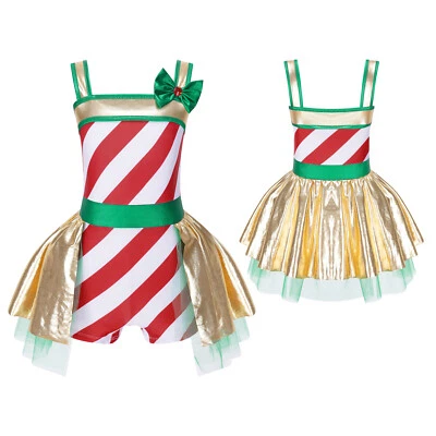 Niño Niñas Body Falda Metálica Vestido de Vestir Carnaval Bastón de Caramelo Biketard Foto 1 de 2