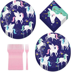 Unicorn Party Supplies - Pegasus Unicorn Galaxy Midnight Purple Paper Dinner Pla - Picture 1 of 7