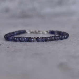 A+ Natural Blue Iolite 3-4MM Faceted Rondelle Gemstone Beads Women Bracelet 6-8" - Picture 1 of 8