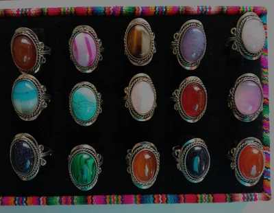 ✨Lote feito à mão de 15 anéis ajustáveis de pedra de ágata joias peruanas prata alpaca✨ - Imagem 1 de 4