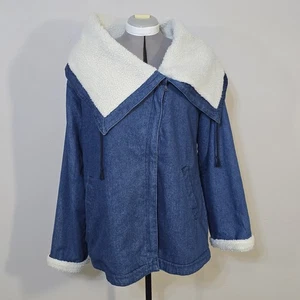 Vintage Denimmoves Asymmetrical Denim Long Coat Sherpa Lined Zip Jacket Women XL - Picture 1 of 17