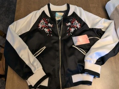 NEW Cali 1850 Bomber Jacket Embroidered Floral Butterfly Women Size Large Black - Image 1 of 4