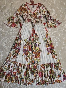 NWT Anthropologie Me 2 Magic Sz M Cream Floral Boho Metallic Striped Maxi Ruffle - Picture 1 of 10