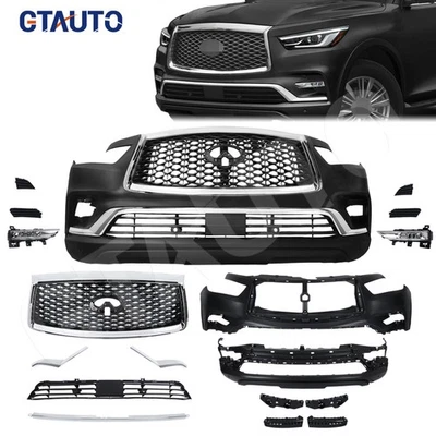 For 2018-2022 Infiniti QX80 Front Bumper Chrome Grille Trim LED Fog Light Set Foto 1 de 4