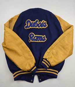 Vintage DeLONG Varsity Jacket USA College Football Dubois Rams Leather Blue 93 - Picture 1 of 14