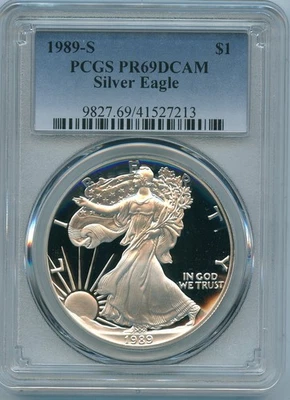 1989 S PCGS PR69 DCAM ASE Silver Eagle $1 PF69 US Mint 1989-S PR-69 Deep Cameo - Image 1 of 3