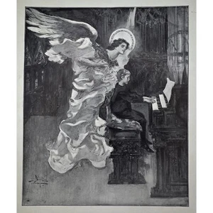 SAINT CECELIA - A.B. Wenzell - Boy Playing Piano ~ 1908 ~ Original Antique Print - Picture 1 of 2