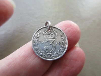 ANTIQUE VINTAGE OLD SILVER 1912 LUCKY THREEPENNY COIN TOKEN FOB CHARM PENDANT UK - Image 1 of 2