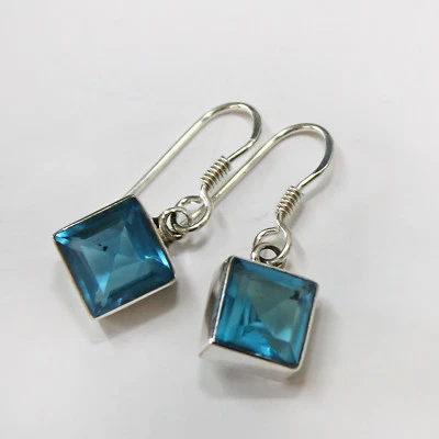 Blautopas Ohrringe Silber 925 Ohrhänger Blau Topas Quadrat facettiert Paar  ts - Bild 1 von 3