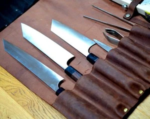Borsa rotolo coltelli chef, pura pelle, custodia porta coltelli portafoglio 8 tasche, COLORE MARRONE CHIARO - Foto 1 di 8