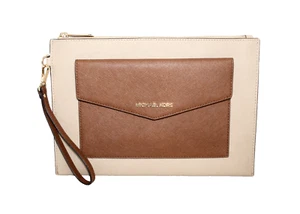 MICHAEL KORS Front Pocket Colorblock Wristlet Pouch Tan Brown Lthr 38S0CTTW9T - Picture 1 of 5