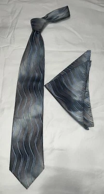 Corbata Giorgio Brutini Bolsillo Seda Azul Gris Marrón Sobre Patrón Ondulado Poli 3.5" Foto 1 de 4