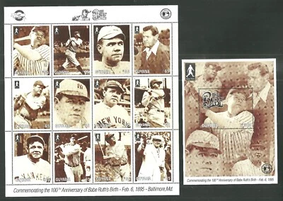 Guyana 100 Aniversario del Nacimiento de Babe Ruth Hoja de 12 Estampillas MNH y Hoja Foto 1 de 2