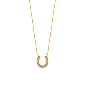 14K Solid Yellow Gold Pave CZ Lucky Horseshoe Necklace - 17+1" - Picture 1 of 3