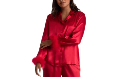 Top de pijama Linea Donatella marabú pluma satinado solo rubí L Foto 1 de 4