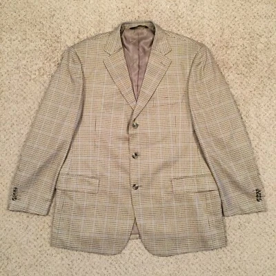 Pronto Moda Blazer Mens Size 44R Beige Blue Window Pane Silk Blend Three Button - Image 1 of 4