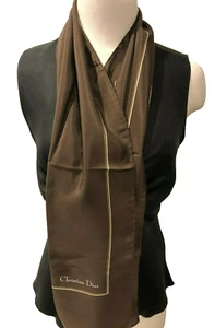 CHRISTIAN DIOR Chocolate Silk Striped Long Scarf - UNISEX - Authentic 28cmx134cm - Picture 1 of 12
