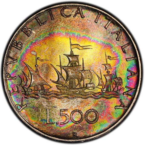 MS66 1967-R Italy Silver 500 Lire, PCGS Trueview- Stunningly Rainbow Toned Cover
