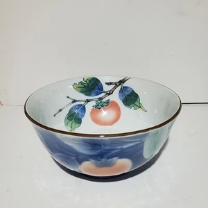 Andrea Sadek Japanese Peach Persimmon & Leaf Blue Color Porcelain Bowl  - Picture 1 of 7