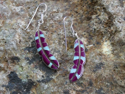 Purple Sugilite Feather Sterling Silver 925 Gemstone & Opal Inlayed Earrings K41 - Image 1 of 4