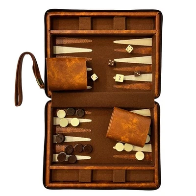 Vintage Backgammon Game Set Brown Faux Leather Mini Travel Magnetic Zip Up Case - Image 1 of 2