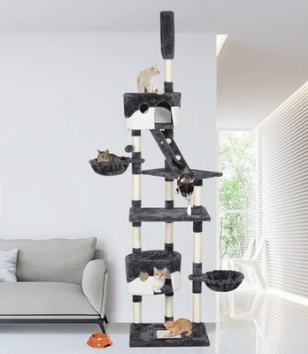 240-255cm Floor to Ceiling Cat Tree with Scratching Posts- Black & White - Image 1 of 4