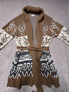 Cárdigan suéter Lucky Brand para mujer XL marrón chal azteca cuello tejido con cinturón - Imagen 1 de 13