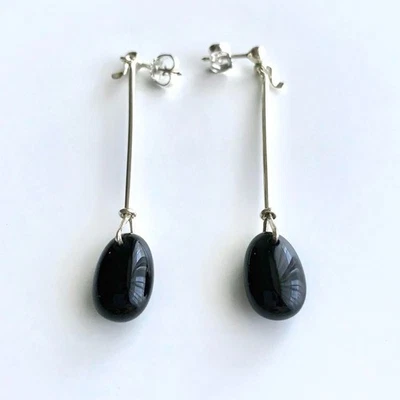 Georg Jensen Vivianna Torun Dewdrop Earrings Long Onyx Silver Used From Japan - Image 1 of 2