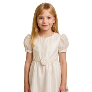 Girls White Organdy Formal Dress 8 Pearl Trim Rosette Detail Wedding Communion - Picture 1 of 12