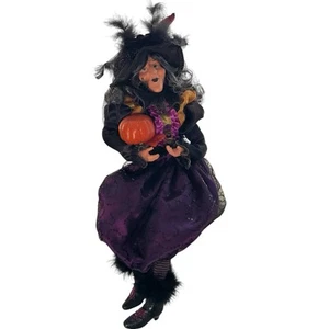Halloween Sitting Witch Vintage Purple Black Sequin Dress Hat Pumpkin 19 In. - Picture 1 of 6