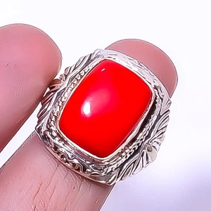 Red Coral Gemstone Silver Plated Handmade Boho Ring s.6 T37, Christmas Gift - Picture 1 of 6
