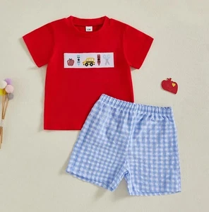 NEW Back to School Embroidered Panel Boys Plaid Shorts Outfit Set - Picture 1 of 6