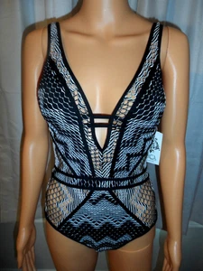 Bellissimo costume da bagno donna Becca taglia M nero bianco cravatta schiena pezzo unico nuovo con etichetta - Foto 1 di 6